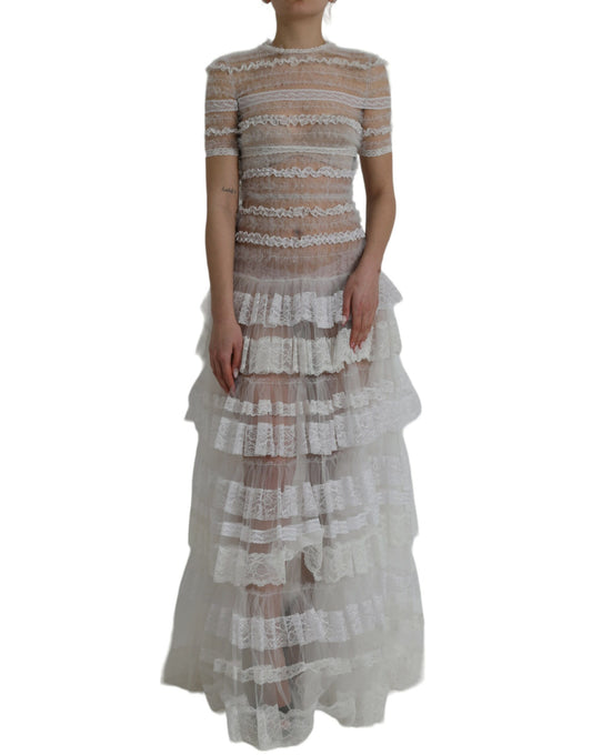 Dolce & Gabbana White Sheer Lace Tiered Maxi Dress