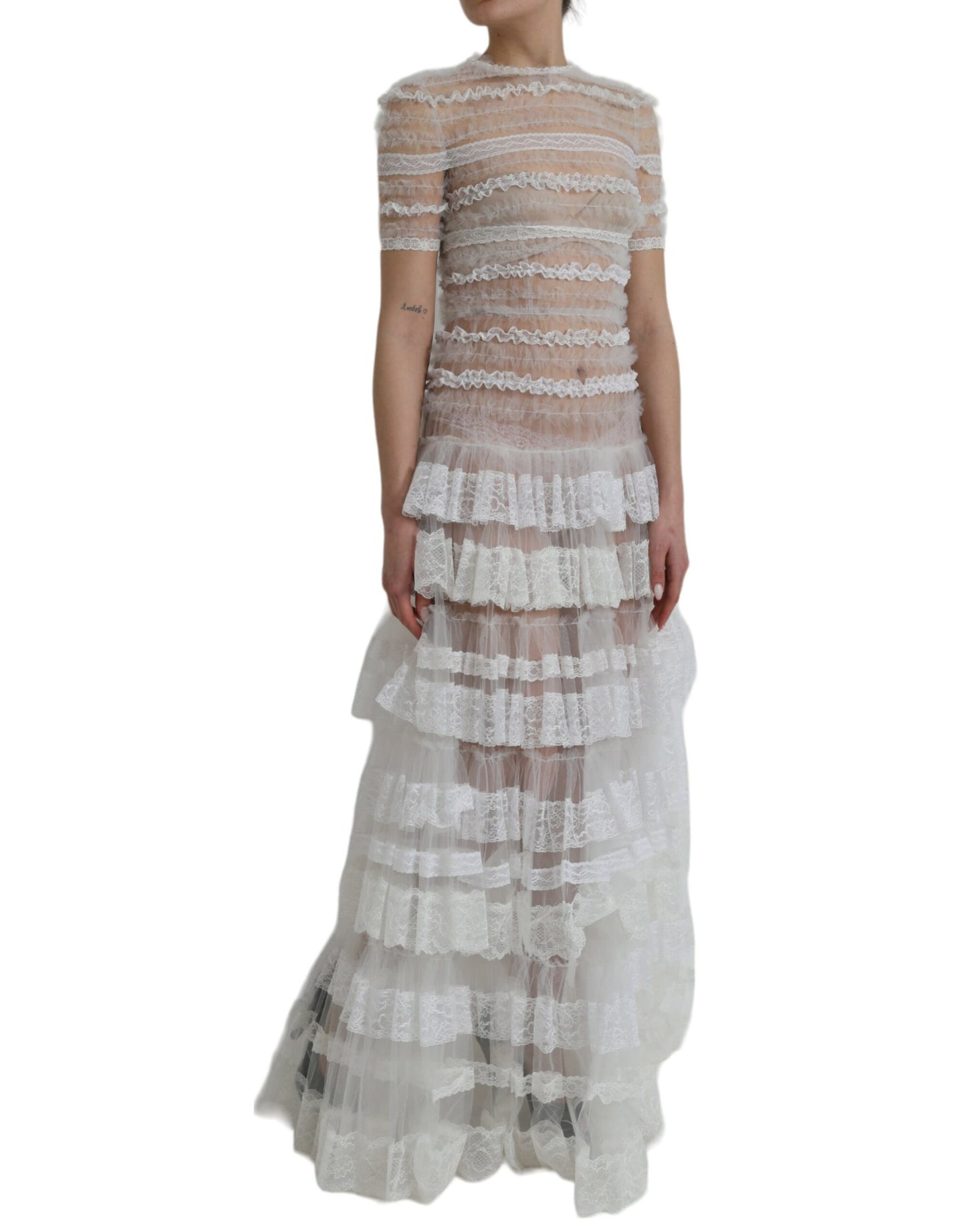 Dolce & Gabbana White Sheer Lace Tiered Maxi Dress