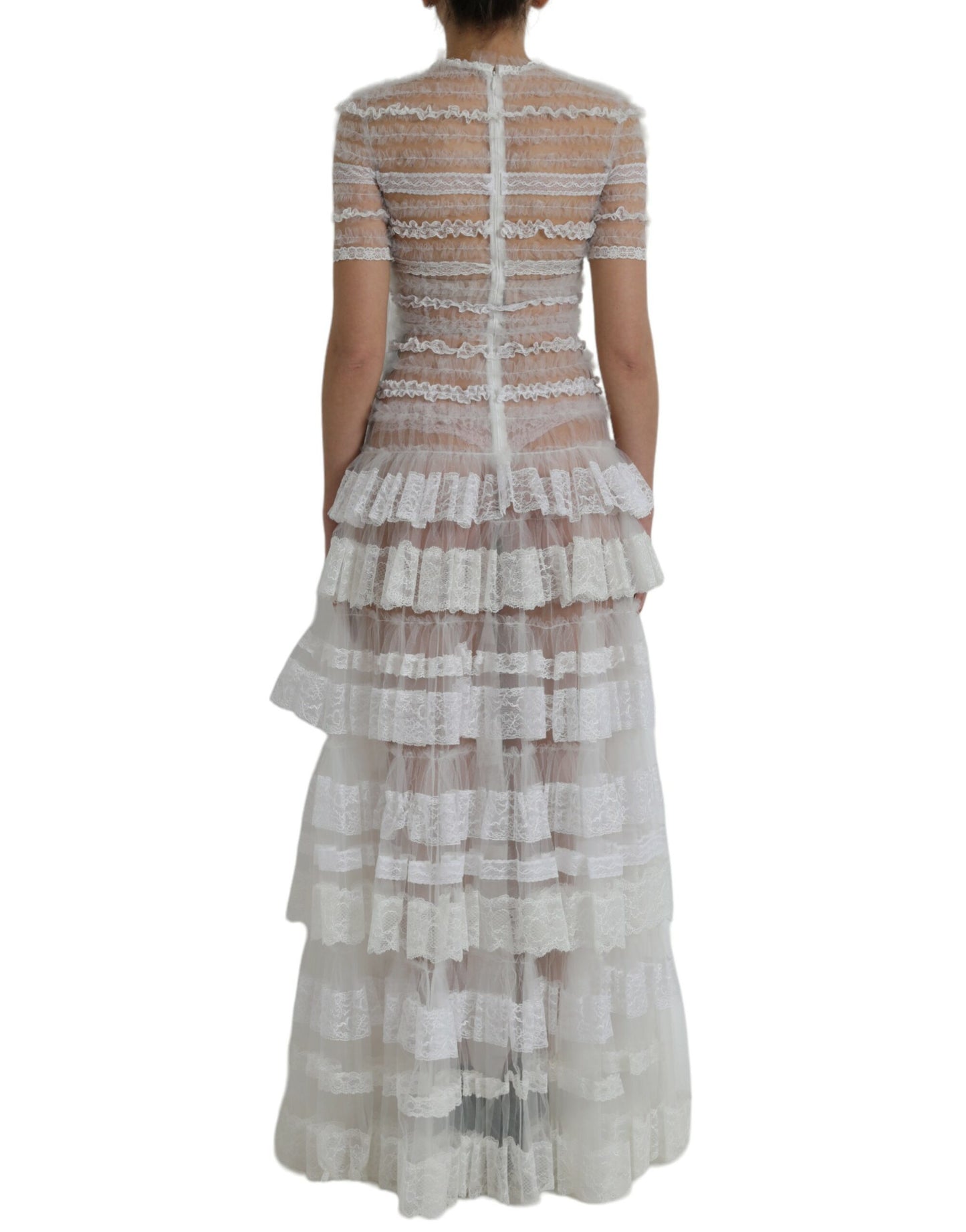 Dolce & Gabbana White Sheer Lace Tiered Maxi Dress