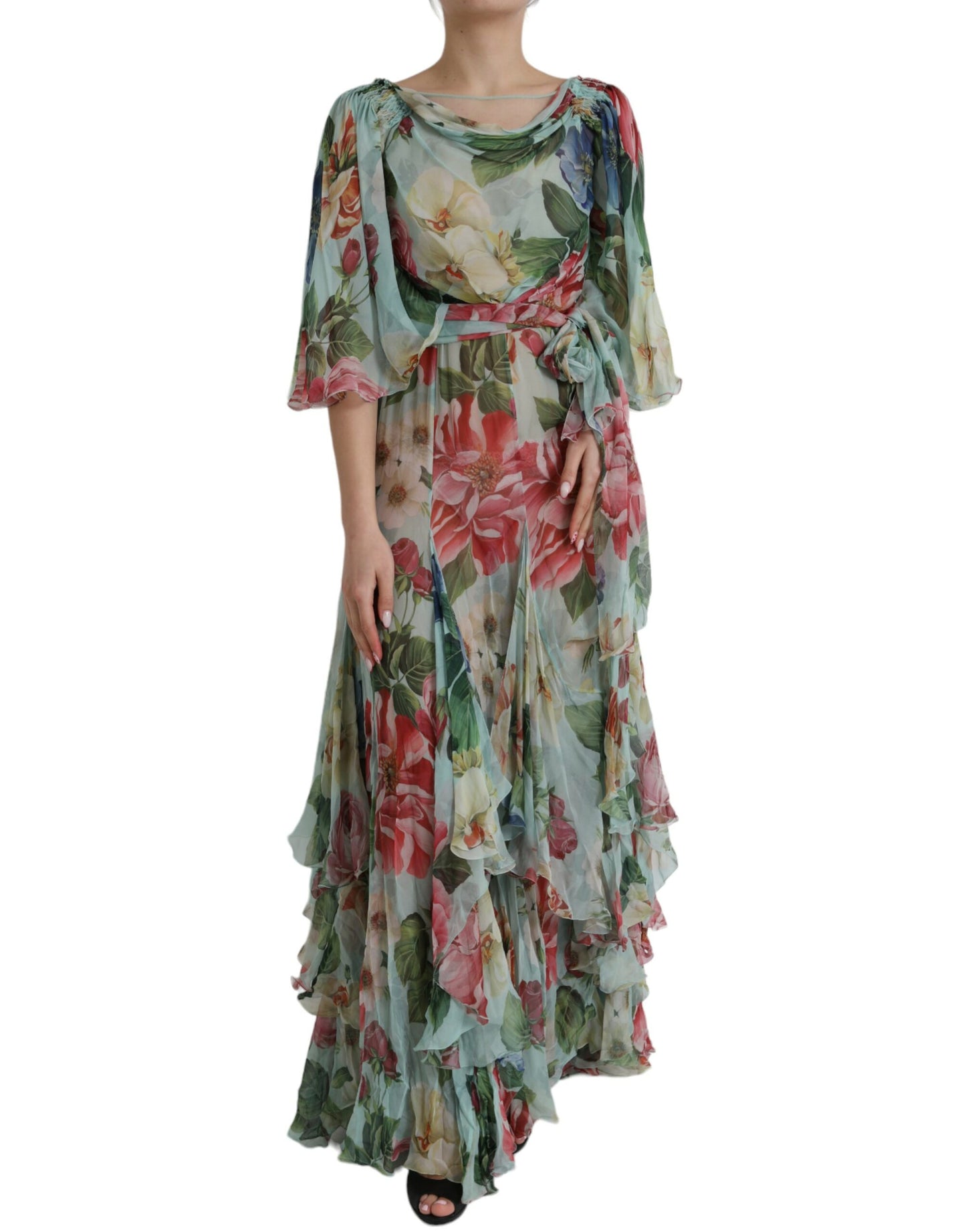 Dolce & Gabbana Silk Blue Floral Print Tiered Maxi Dress