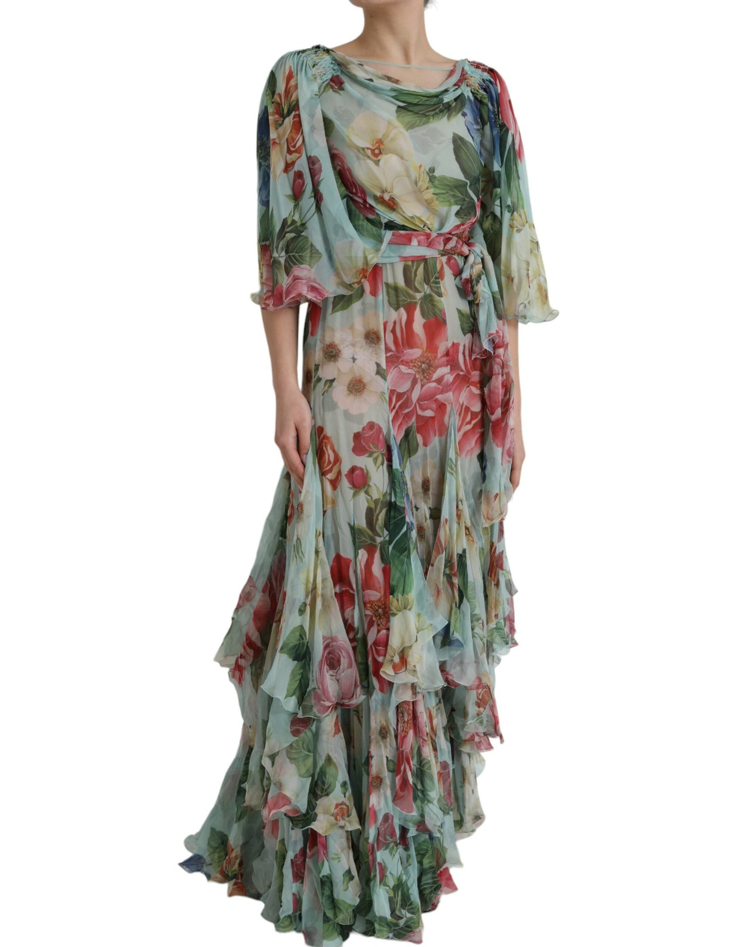 Dolce & Gabbana Silk Blue Floral Print Tiered Maxi Dress