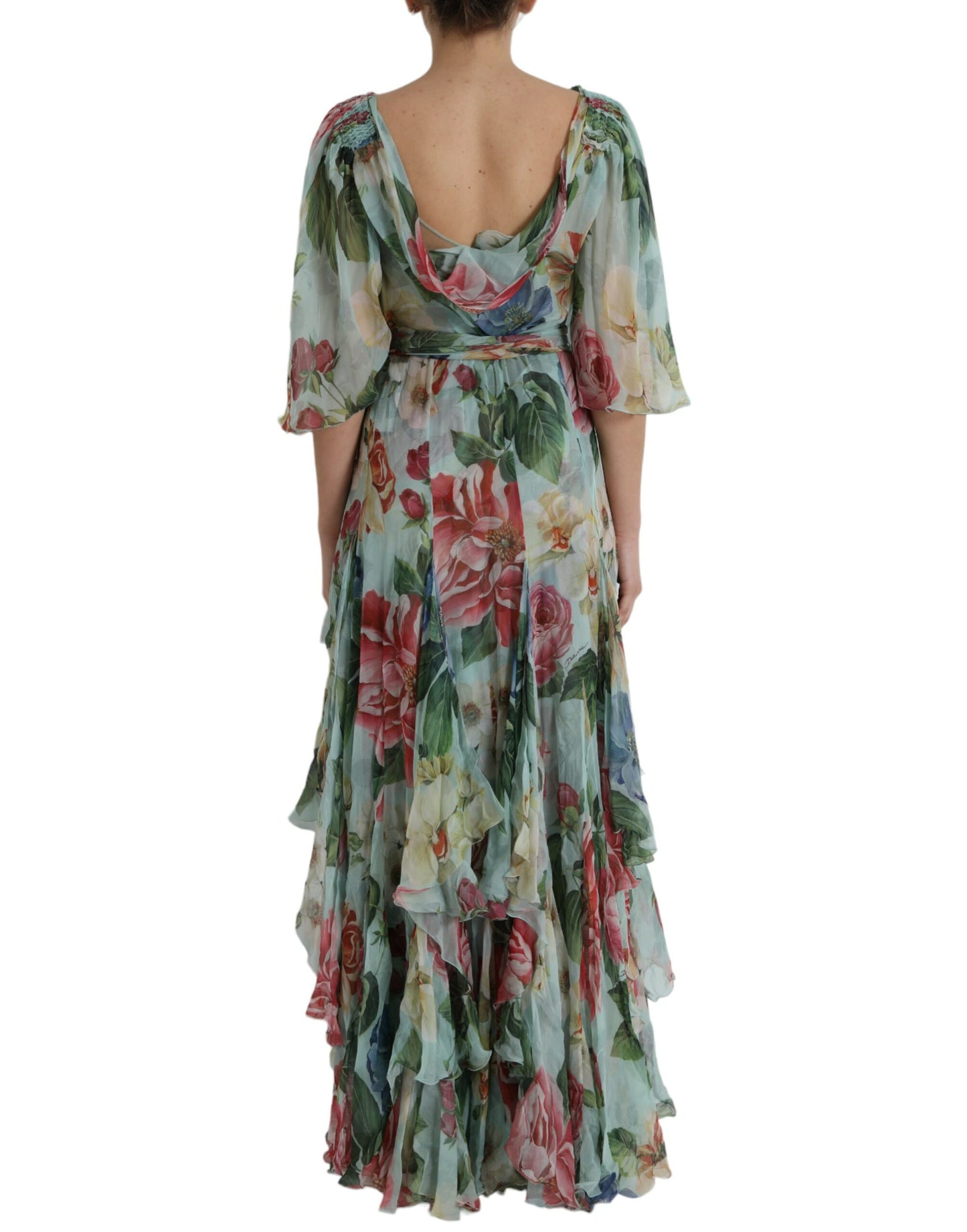 Dolce & Gabbana Silk Blue Floral Print Tiered Maxi Dress