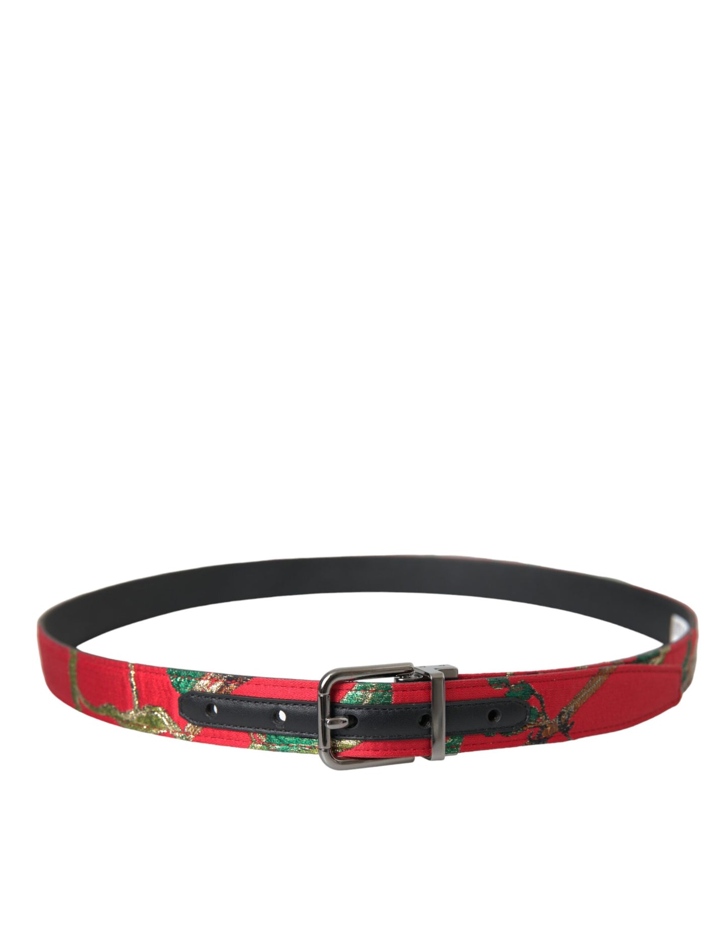 Dolce & Gabbana Red Leather Jacquard Silver Metal Buckle Belt