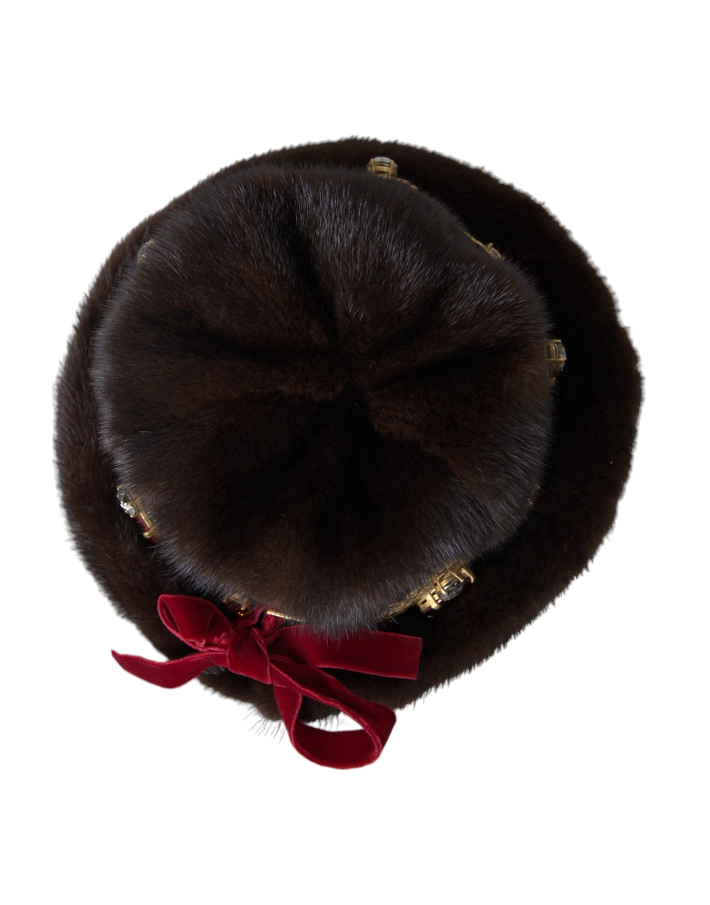 Dolce & Gabbana Dark Brown Mink Fur Gold Crystal Crown Hat