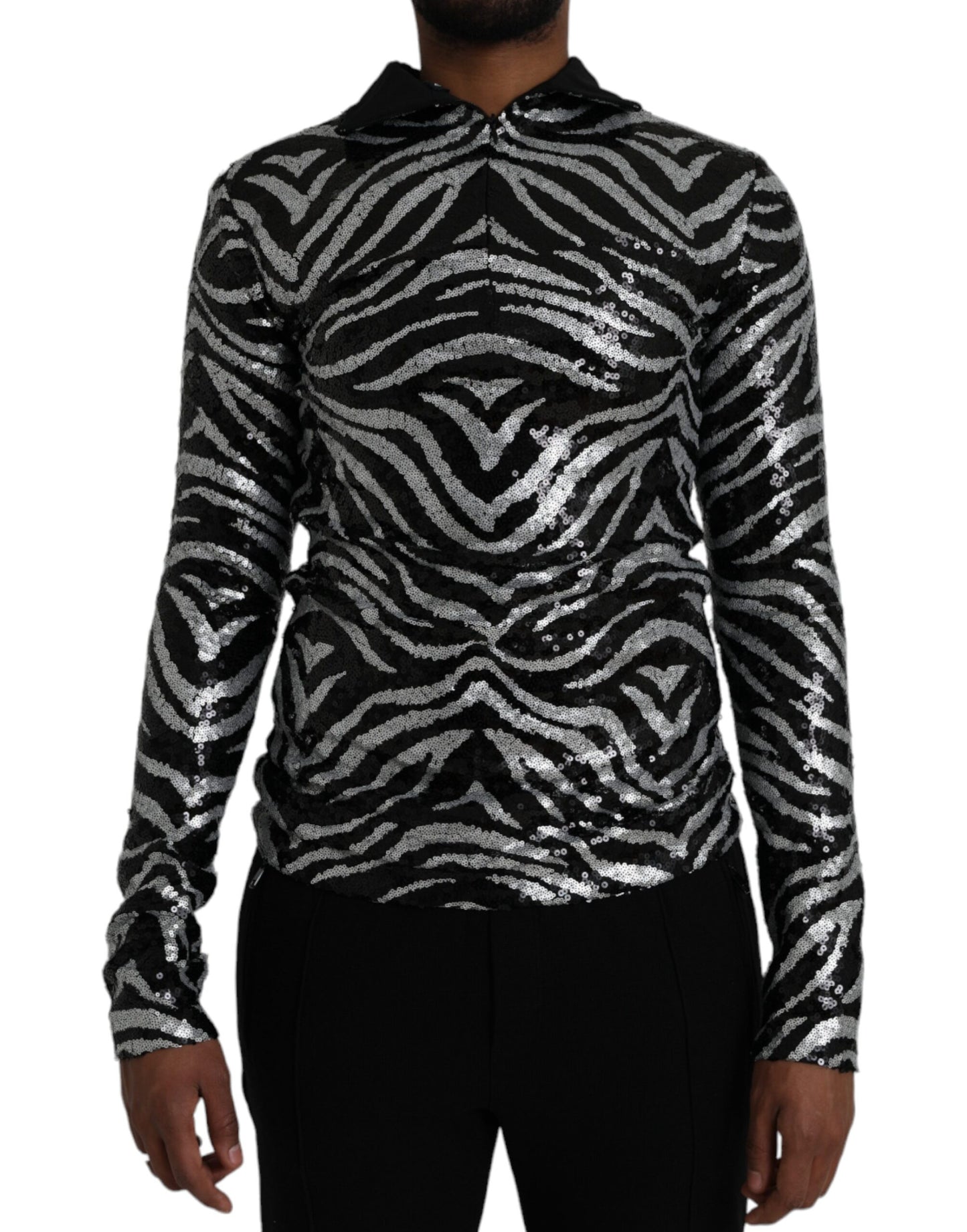 Dolce & Gabbana Black Silver Zebra Sequined Quarter Zip Sweater