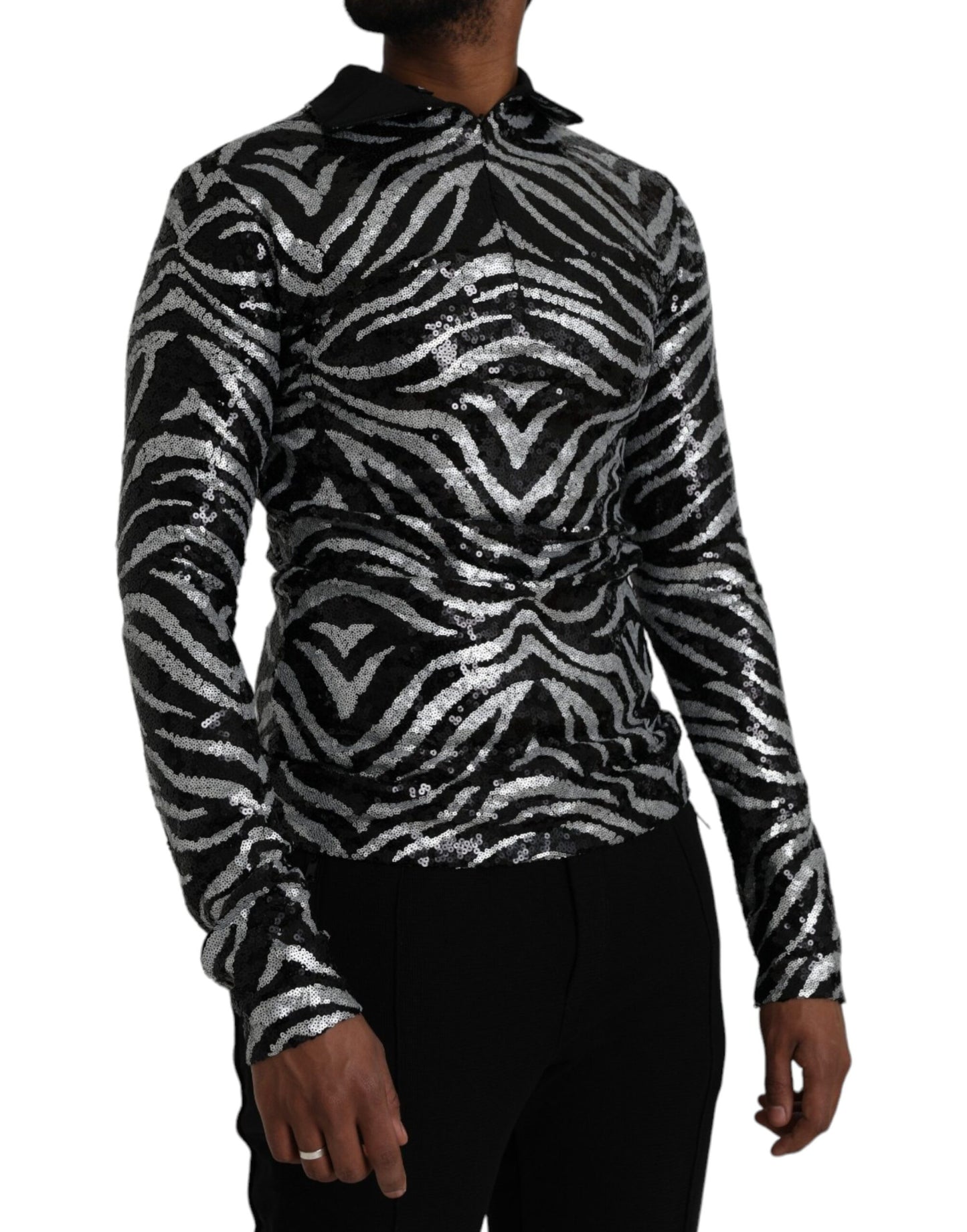 Dolce & Gabbana Black Silver Zebra Sequined Quarter Zip Sweater