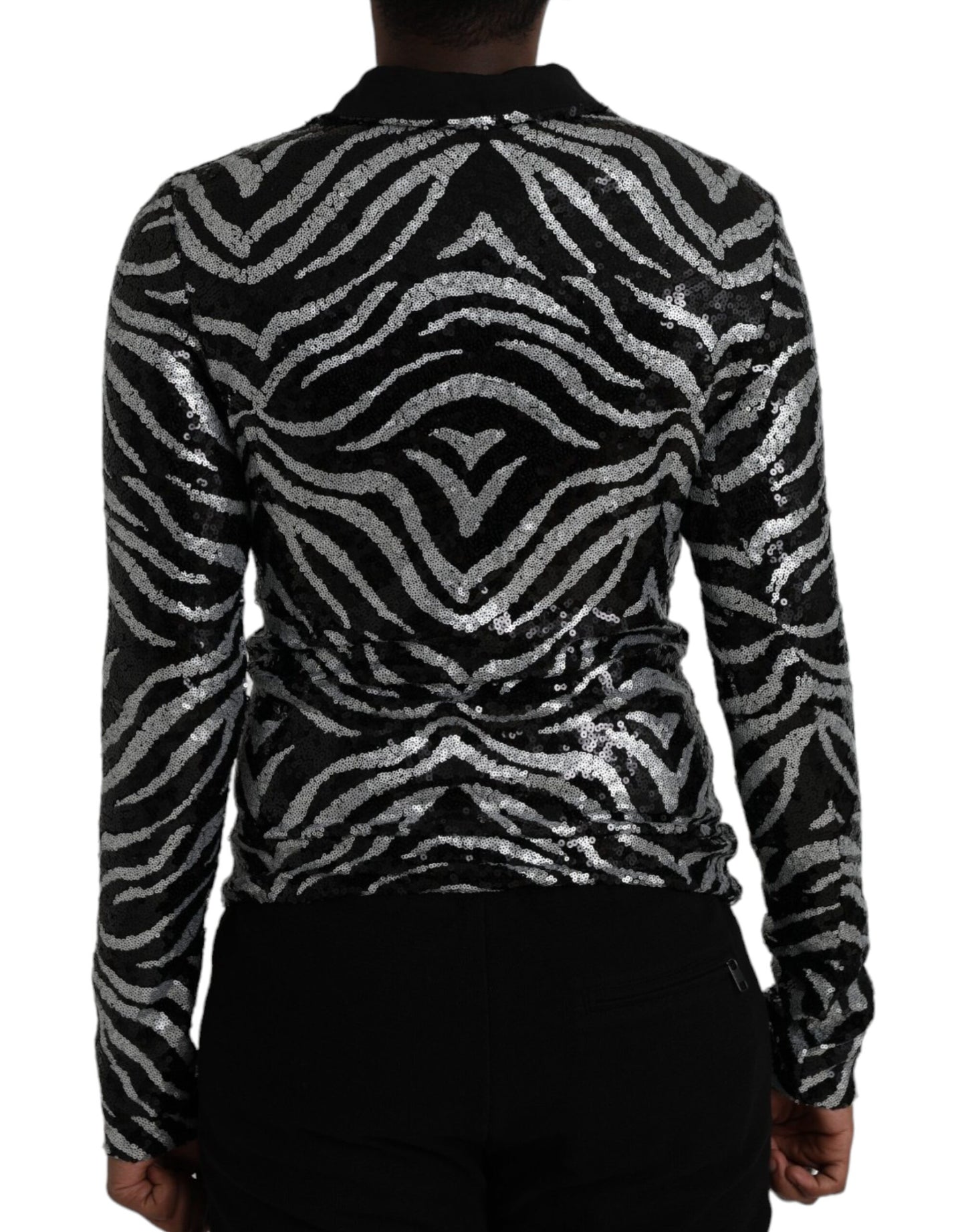 Dolce & Gabbana Black Silver Zebra Sequined Quarter Zip Sweater