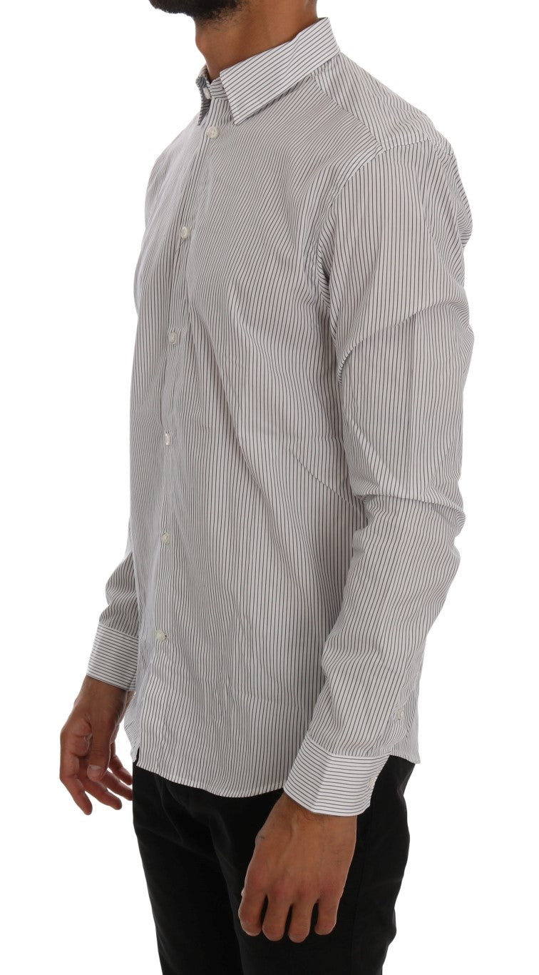 Frankie Morello White Blue Striped Casual Cotton Regular Fit Shirt