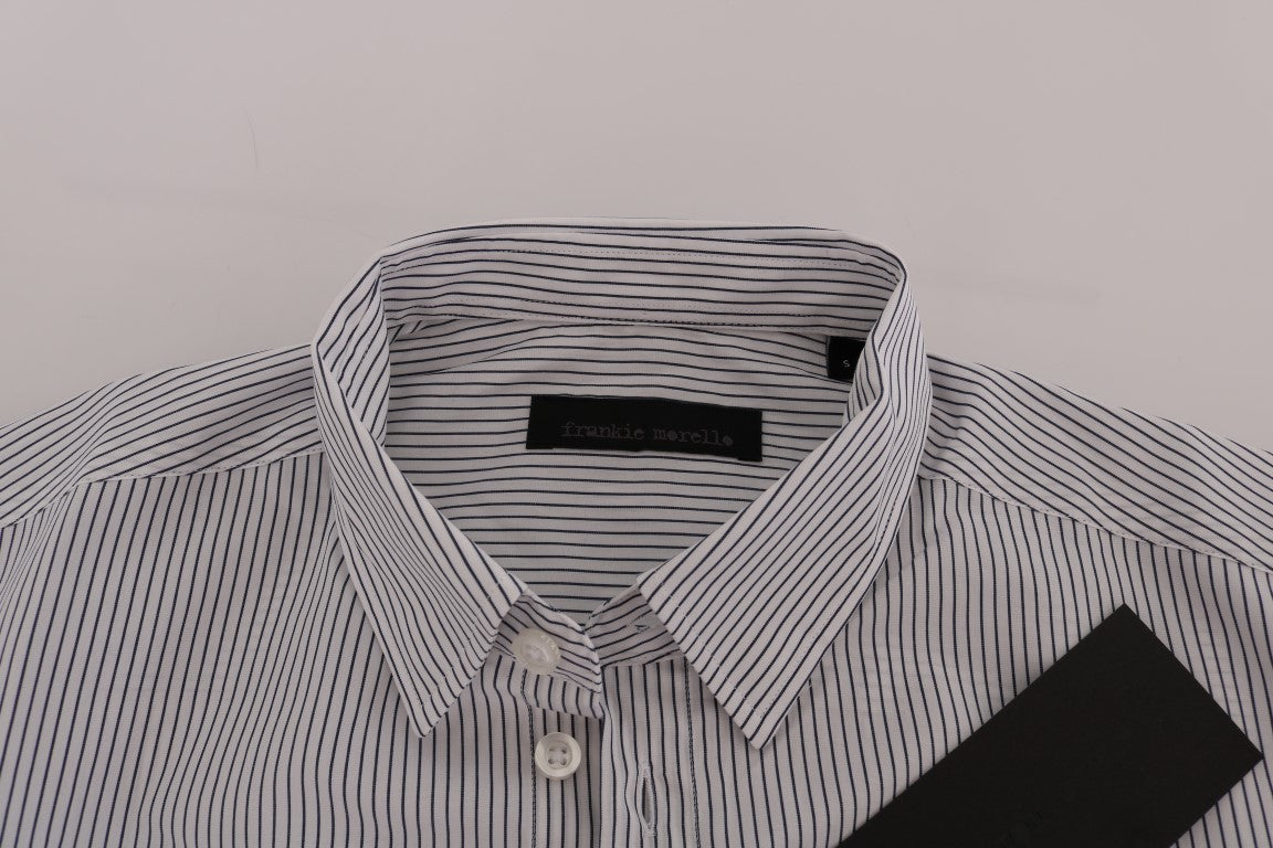 Frankie Morello White Blue Striped Casual Cotton Regular Fit Shirt