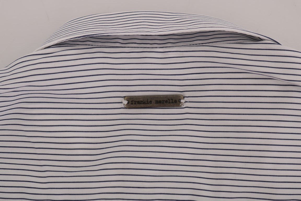 Frankie Morello White Blue Striped Casual Cotton Regular Fit Shirt