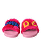 Dolce & Gabbana Multicolor Embroidered Fur Slides Sandals Shoes