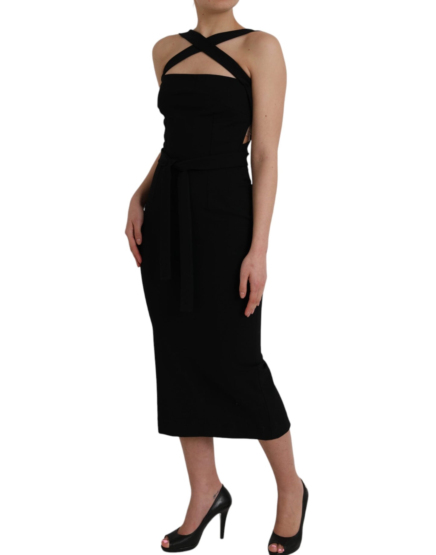 Dolce & Gabbana Elegant Black Halter Midi Dress