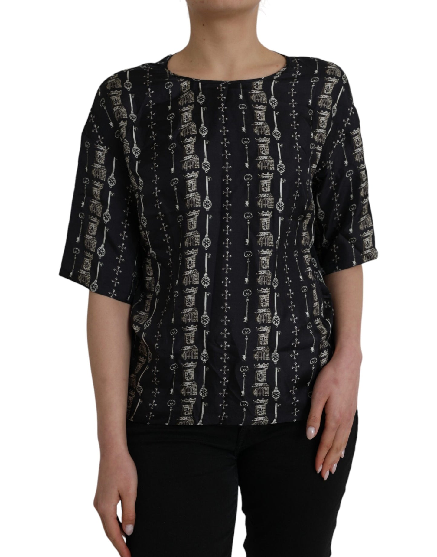 Dolce & Gabbana Black Key Castle Print Silk Blouse