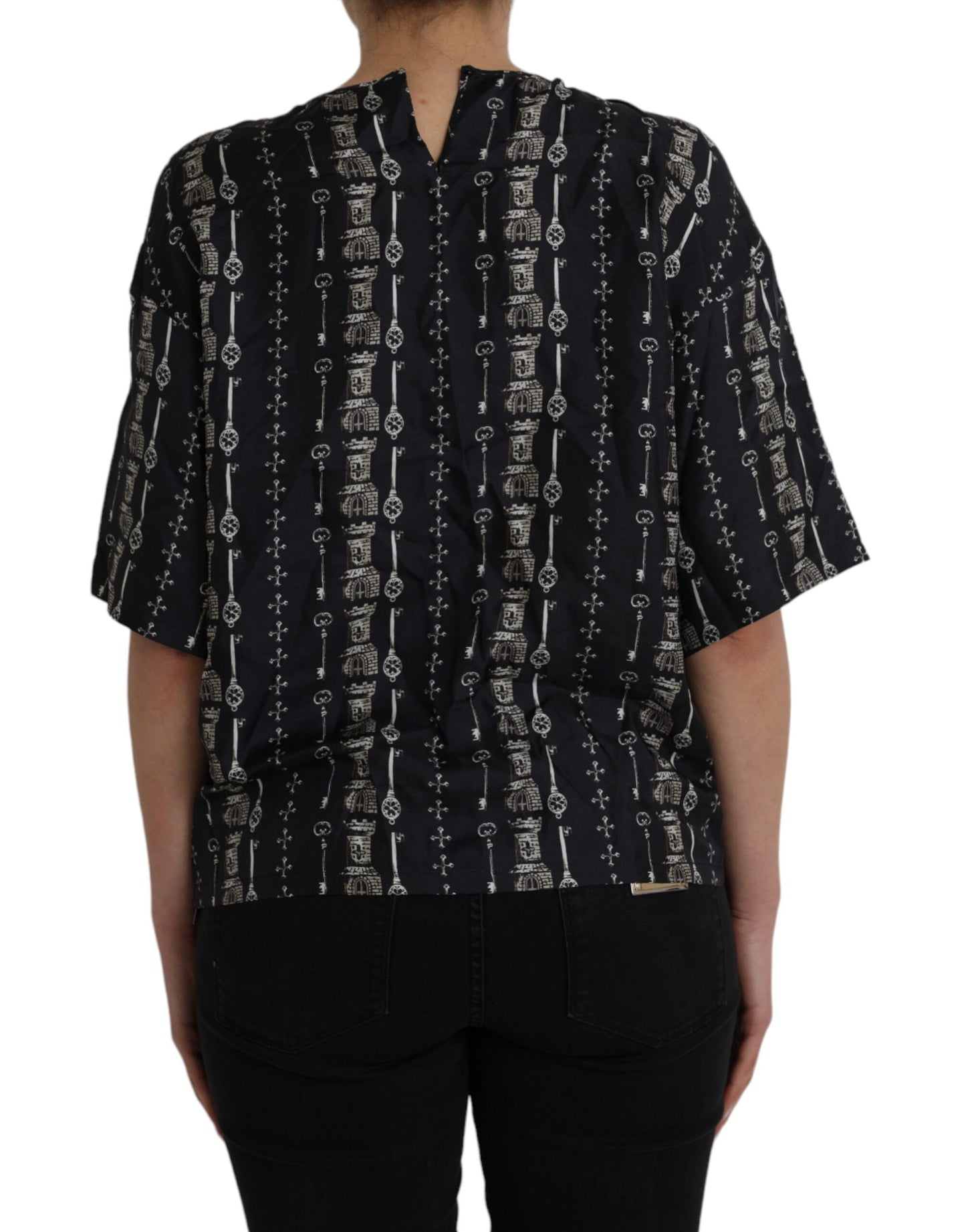 Dolce & Gabbana Black Key Castle Print Silk Blouse