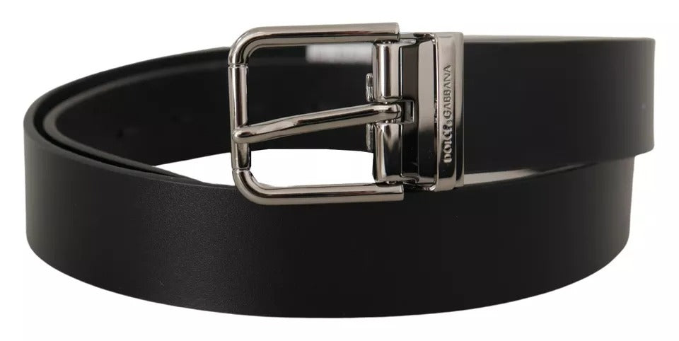 Dolce & Gabbana Black Calf Leather Logo Engraved Metal Buckle Belt