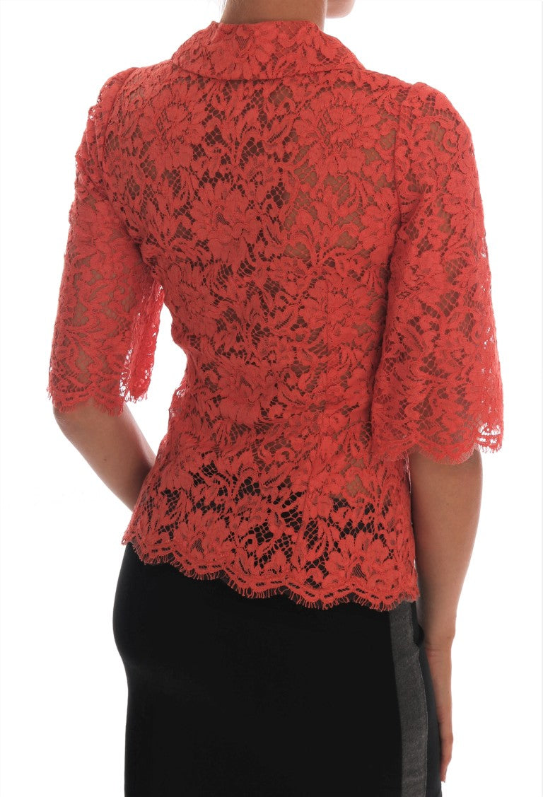 Dolce & Gabbana Orange Crystal Buttons Floral Lace Blouse