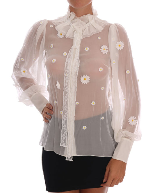 Dolce & Gabbana White Daisy Applique Silk Shirt