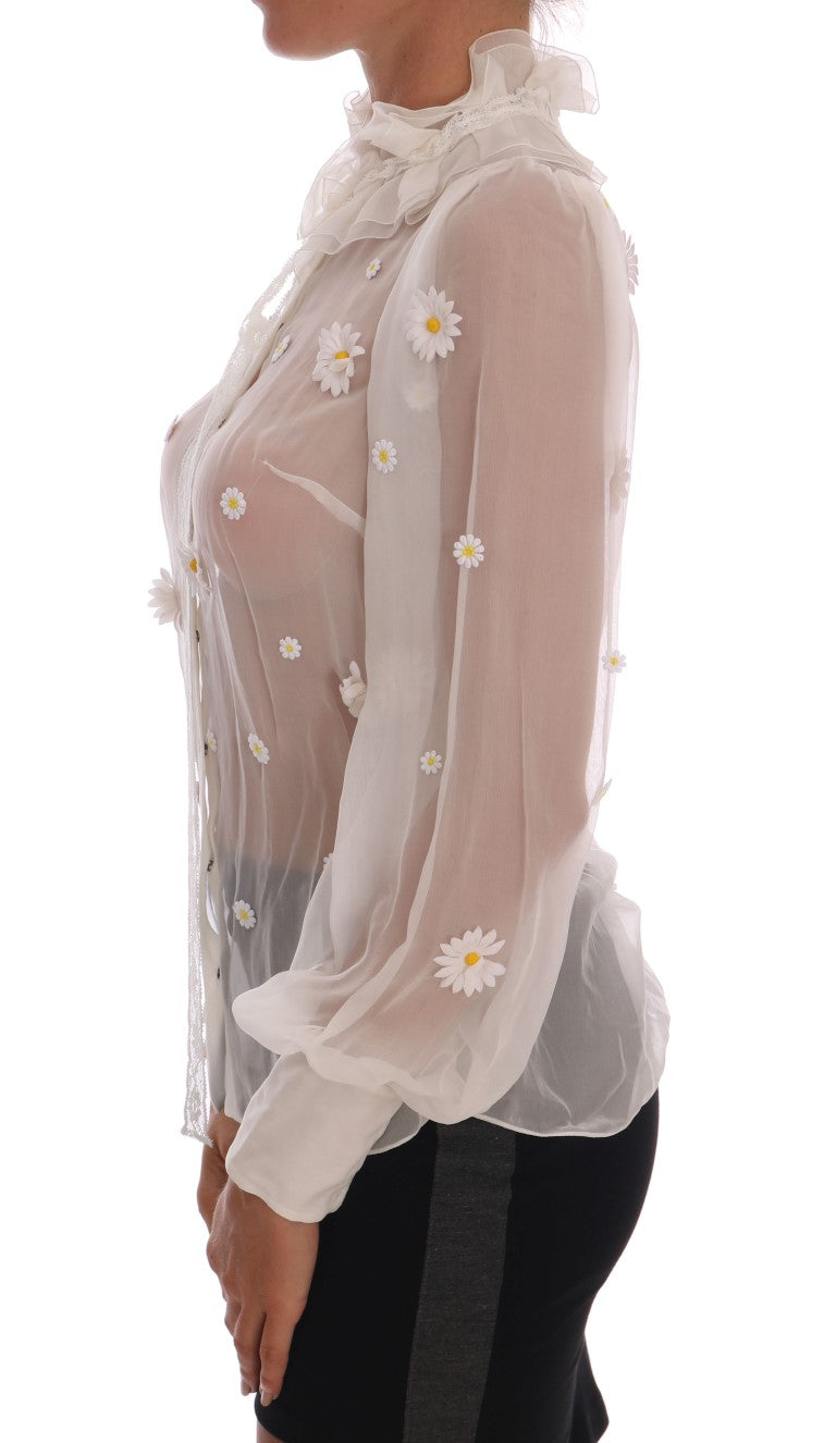 Dolce & Gabbana White Daisy Applique Silk Shirt