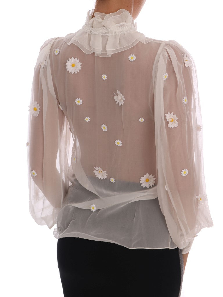 Dolce & Gabbana White Daisy Applique Silk Shirt