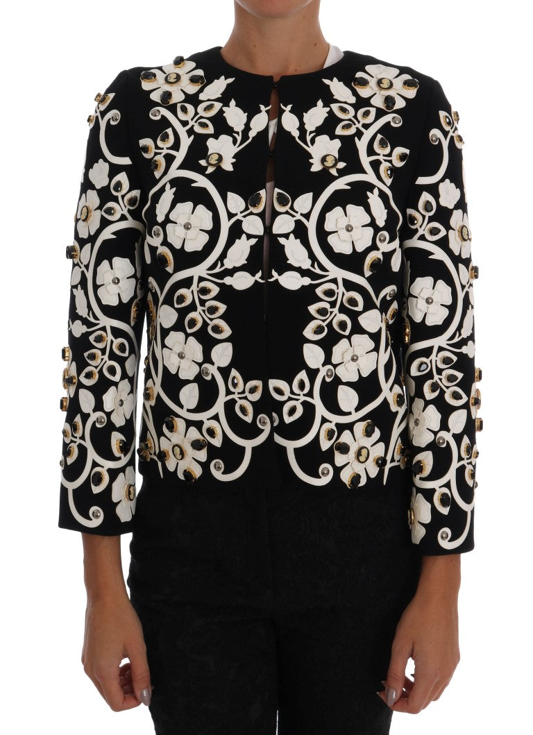 Dolce & Gabbana Black White Baroque Floral Crystal Jacket