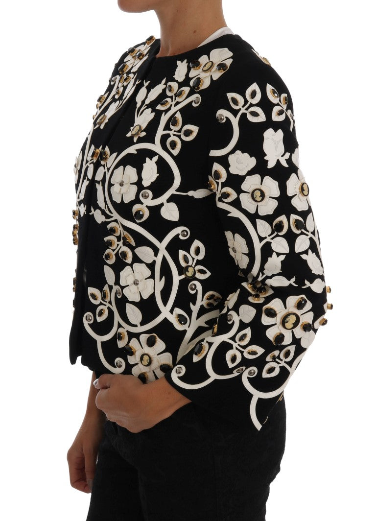 Dolce & Gabbana Black White Baroque Floral Crystal Jacket