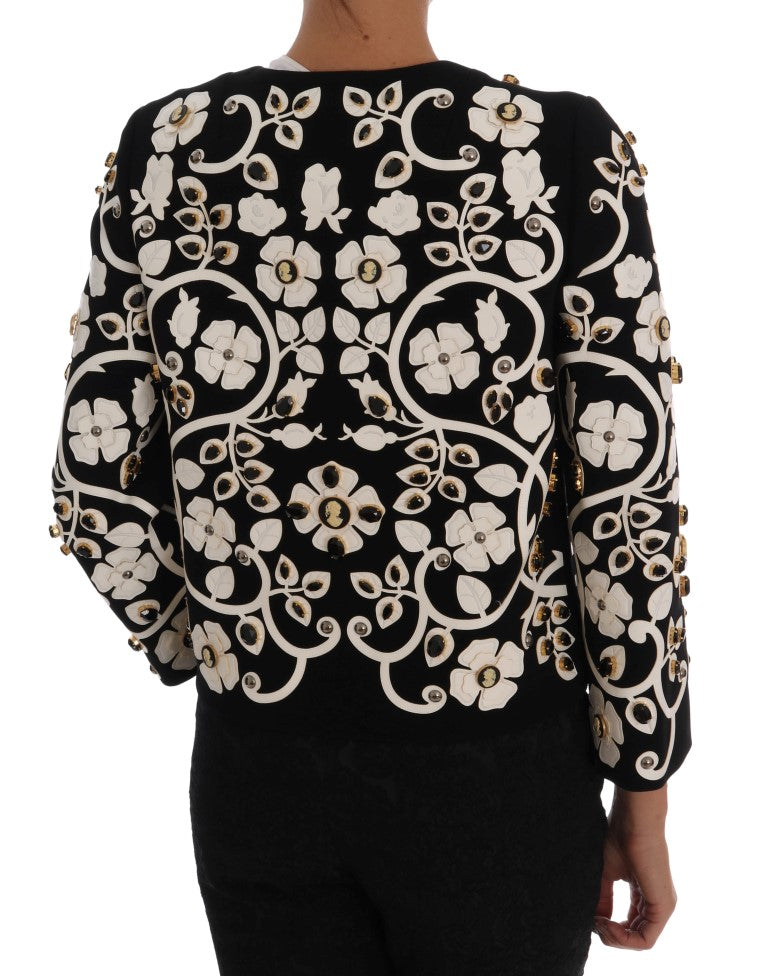 Dolce & Gabbana Black White Baroque Floral Crystal Jacket