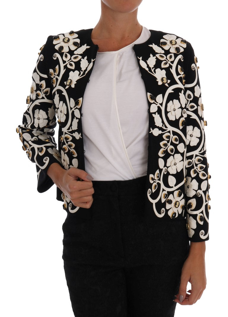 Dolce & Gabbana Black White Baroque Floral Crystal Jacket