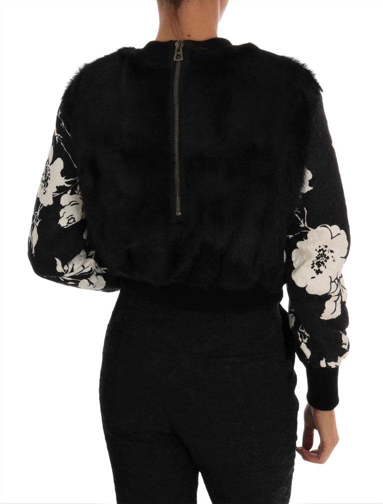 Dolce & Gabbana Black Fur Floral Brocade Zipper Sweater