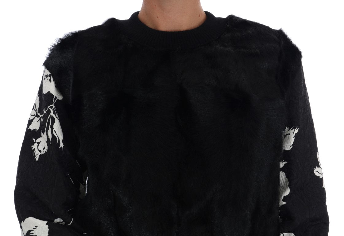 Dolce & Gabbana Black Fur Floral Brocade Zipper Sweater