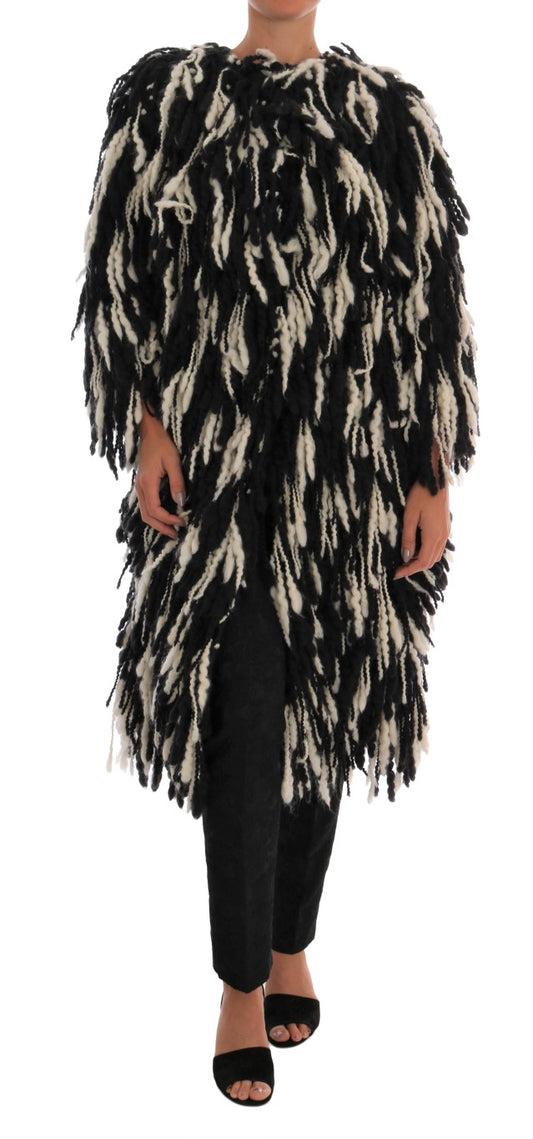 Dolce & Gabbana Black White Fringes Coat Wool Coat