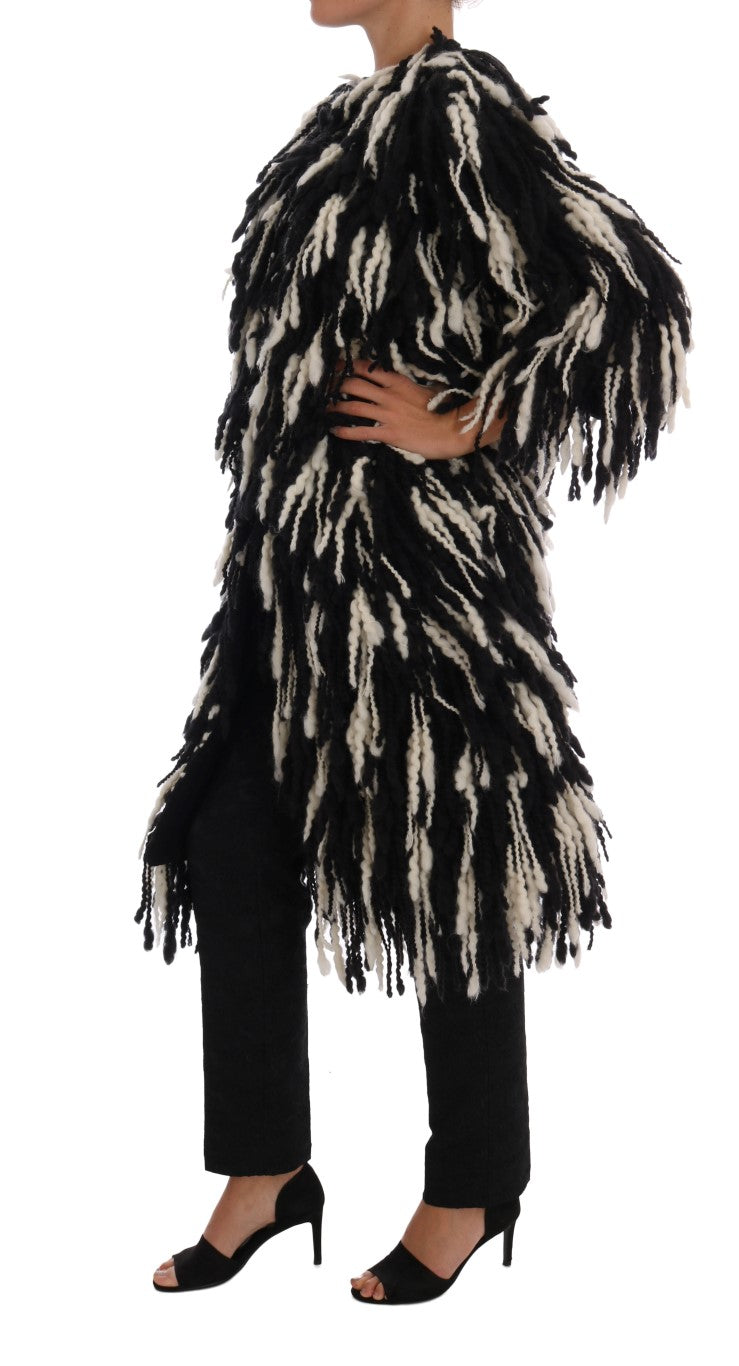 Dolce & Gabbana Black White Fringes Coat Wool Coat