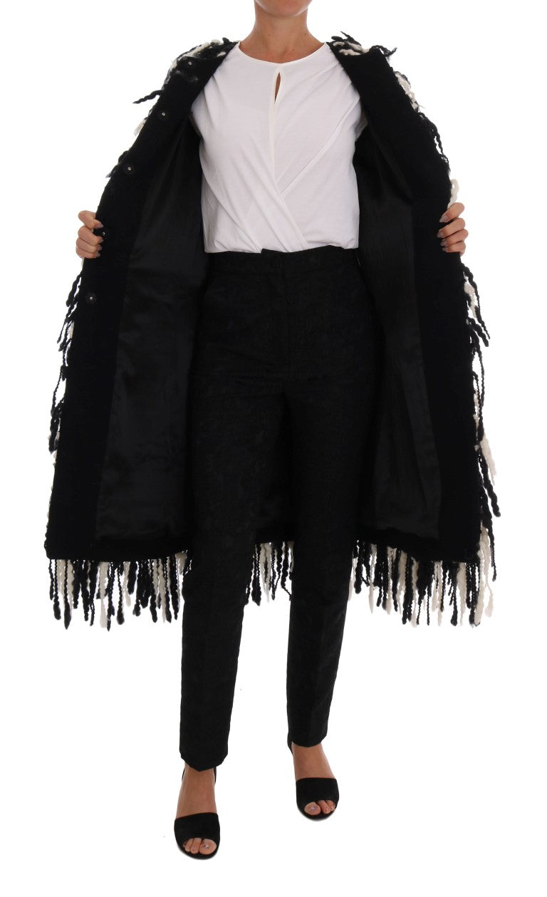 Dolce & Gabbana Black White Fringes Coat Wool Coat