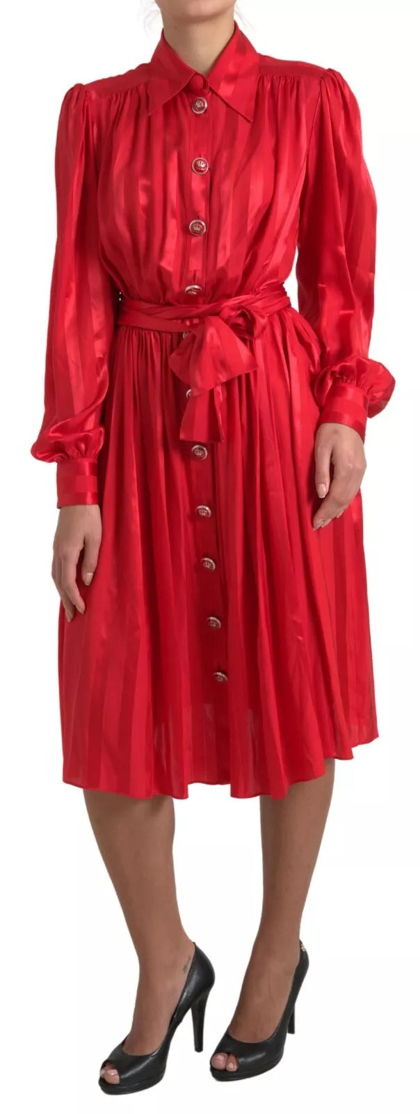 Dolce & Gabbana Elegant Red Button Silk Midi Dress