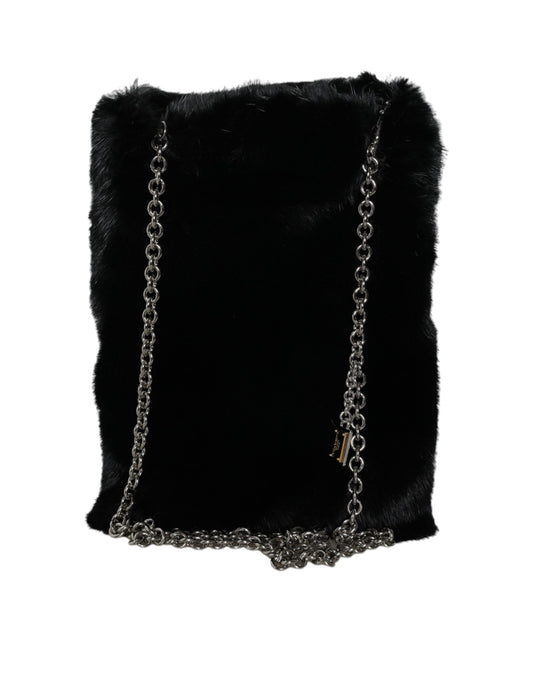 Dolce & Gabbana Black Faux Fur Silver Chain Crossbody Shoulder Bag