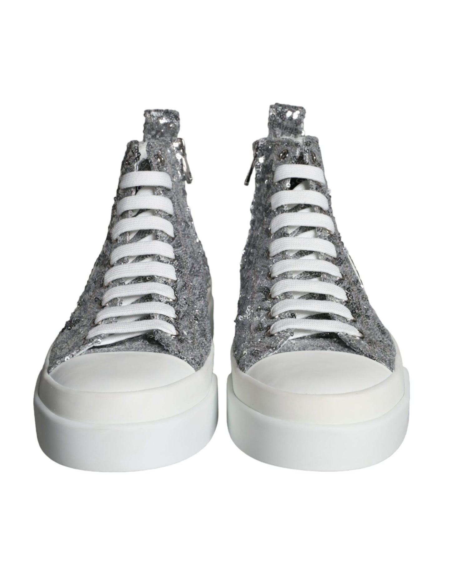 Dolce & Gabbana Silver White Sequined High Top Sneakers Shoes