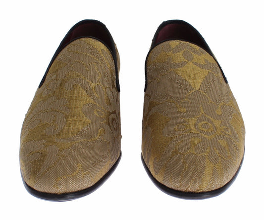 Dolce & Gabbana Yellow Gold Silk Baroque Loafers Shoes