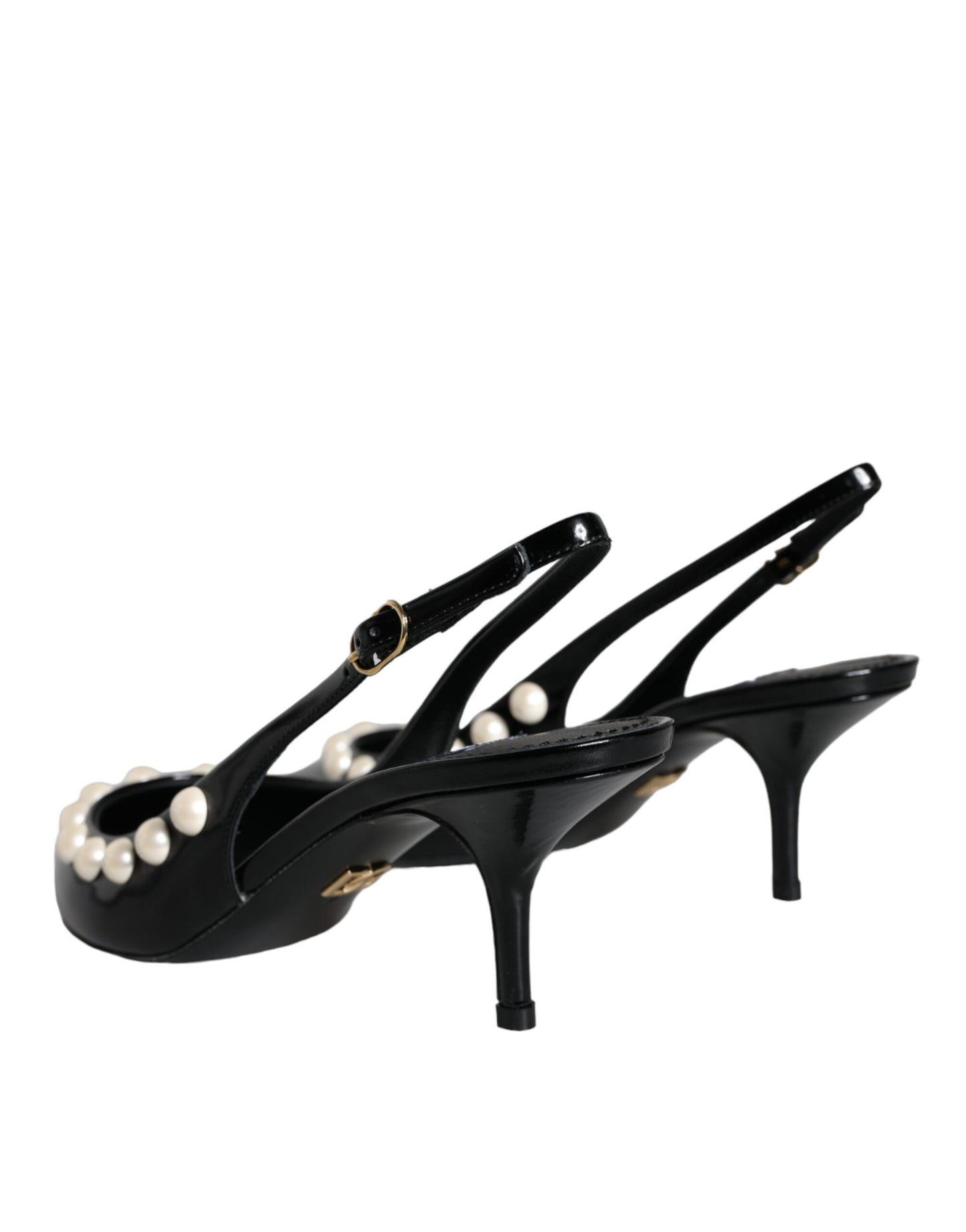 Dolce & Gabbana Black Leather Faux Pearl Heel Slingback Shoes