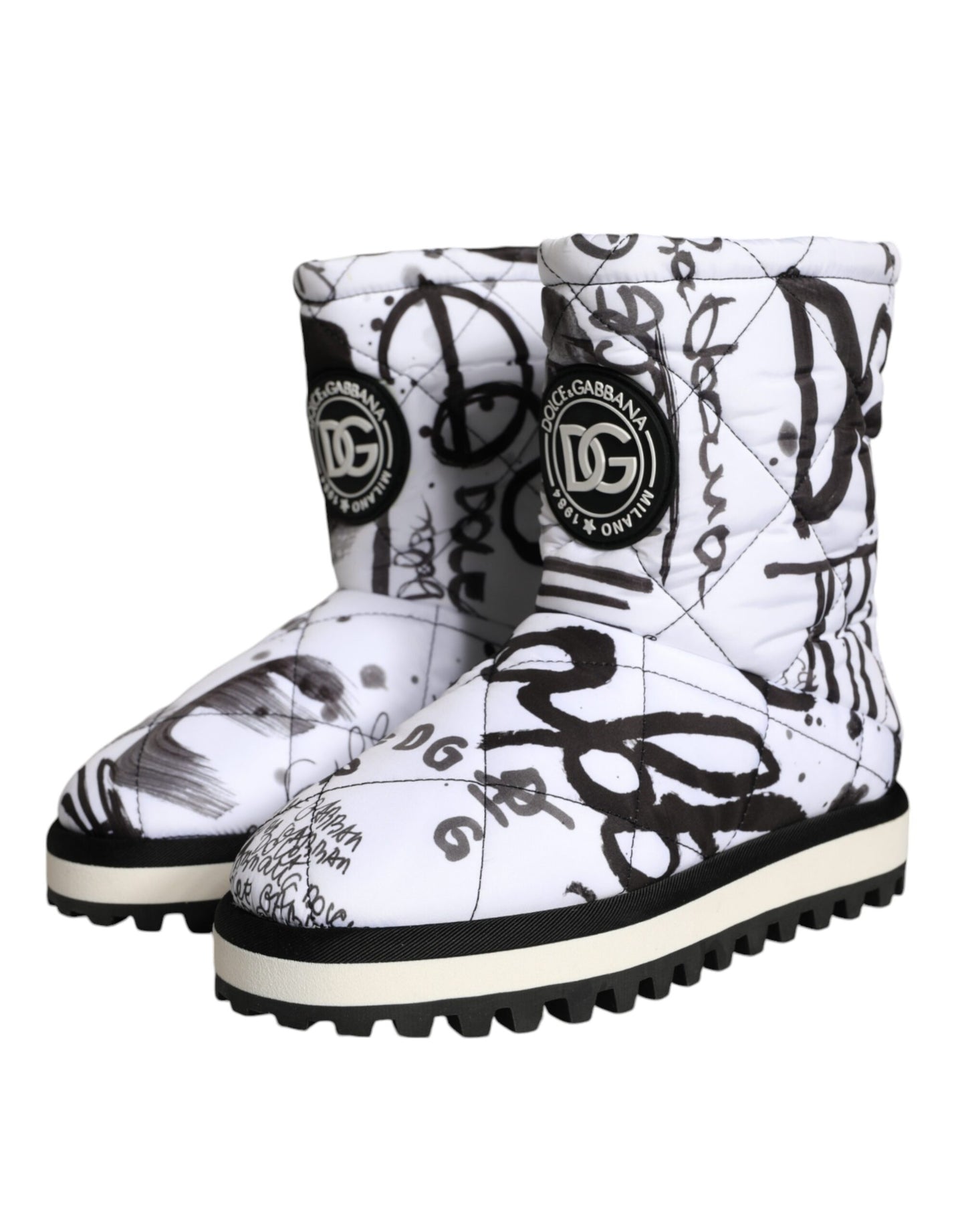 Dolce & Gabbana White Padded Logo Print Mid Calf Boots Shoes