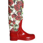 Dolce & Gabbana Red Floral Rubber Knee High Flat Boots Shoes