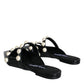 Dolce & Gabbana Black Leather Pearls Slides Sandals Shoes