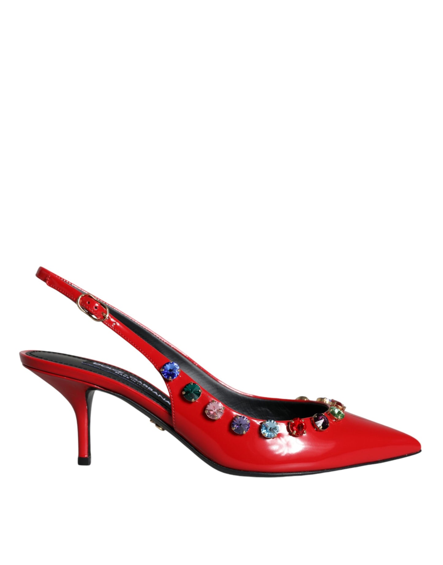 Dolce & Gabbana Red Leather Crystal Heels Slingback Shoes