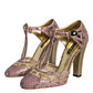 Dolce & Gabbana Pink Gold Leather Pumps T-strap Sandals Shoes