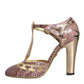 Dolce & Gabbana Pink Gold Leather Pumps T-strap Sandals Shoes