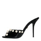 Dolce & Gabbana Black Leather Pearls Slides Sandals Shoes