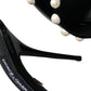 Dolce & Gabbana Black Leather Pearls Slides Sandals Shoes