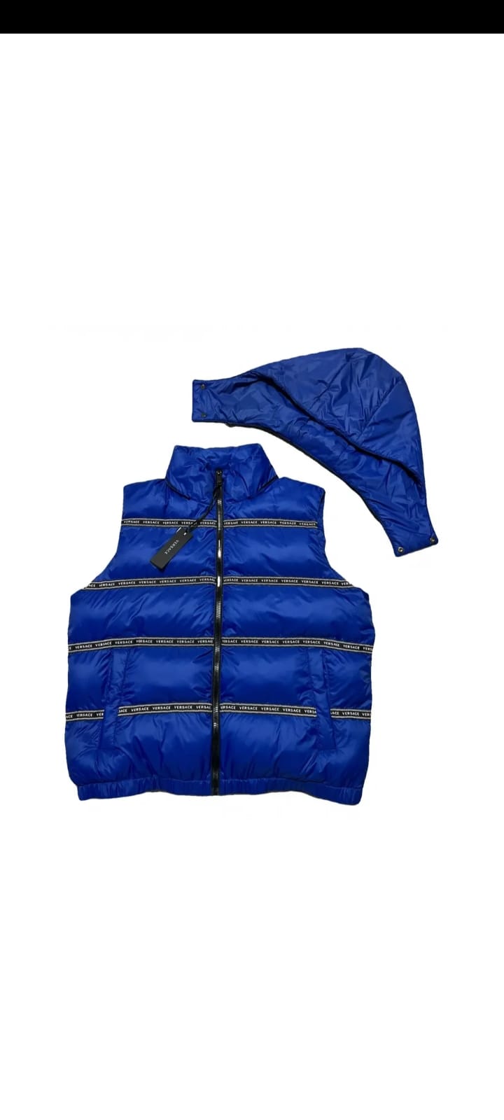 Versace Elegant Blue Logo Band Vest with Detachable Hood