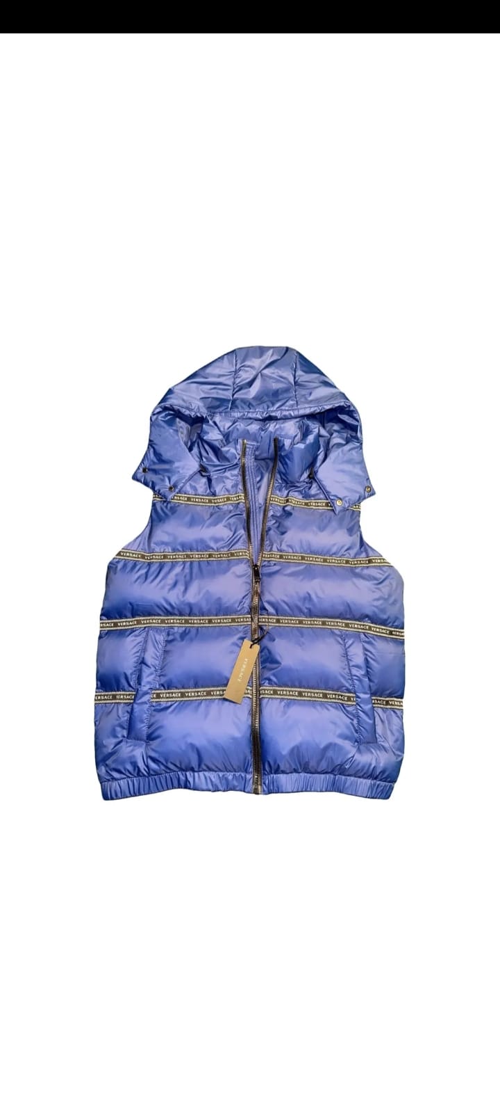 Versace Elegant Blue Logo Band Vest with Detachable Hood