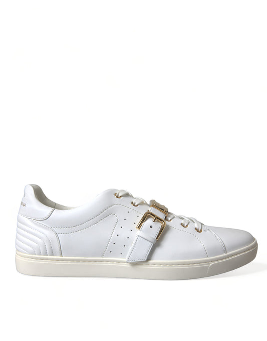 Dolce & Gabbana White Leather Gold Buckle Sneakers Shoes