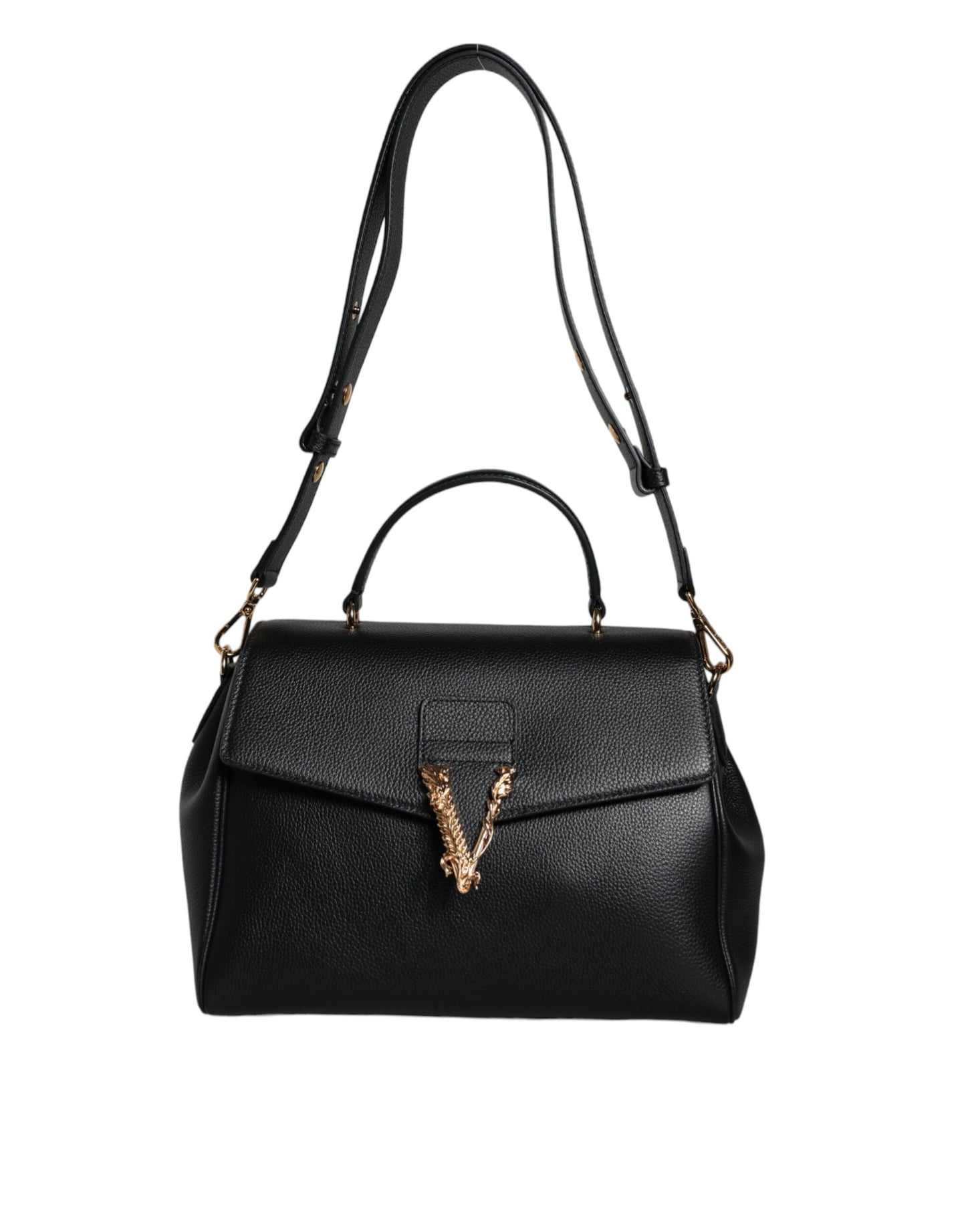 Versace Black Top Handle Grainy Calfskin Leather Crossbody Bag