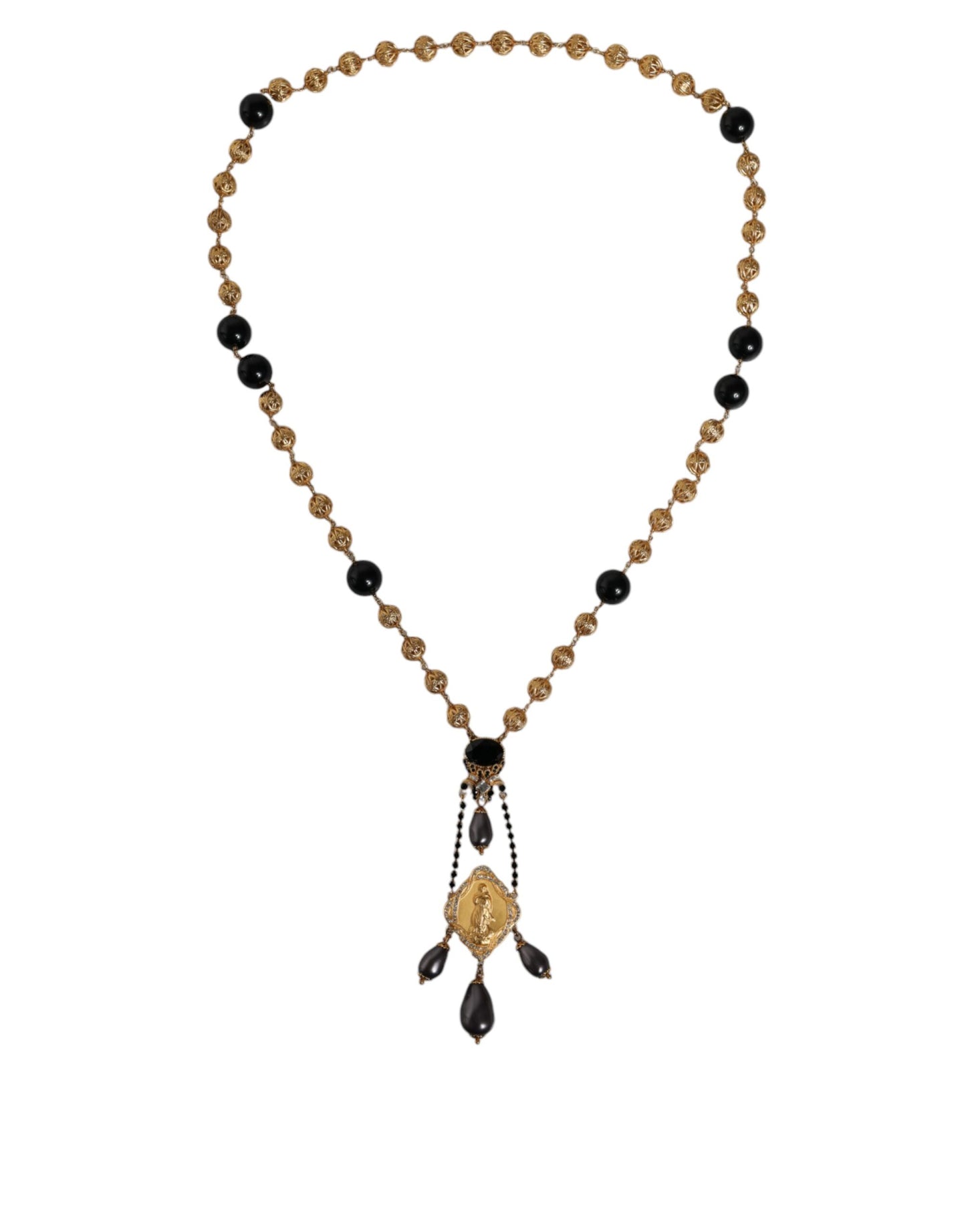 Dolce & Gabbana Gold Chain Brass Black Beaded Rosary Style Necklace